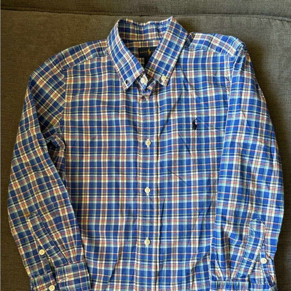 Boys size 7, long sleeve blue checked Polo button down. Used, like new